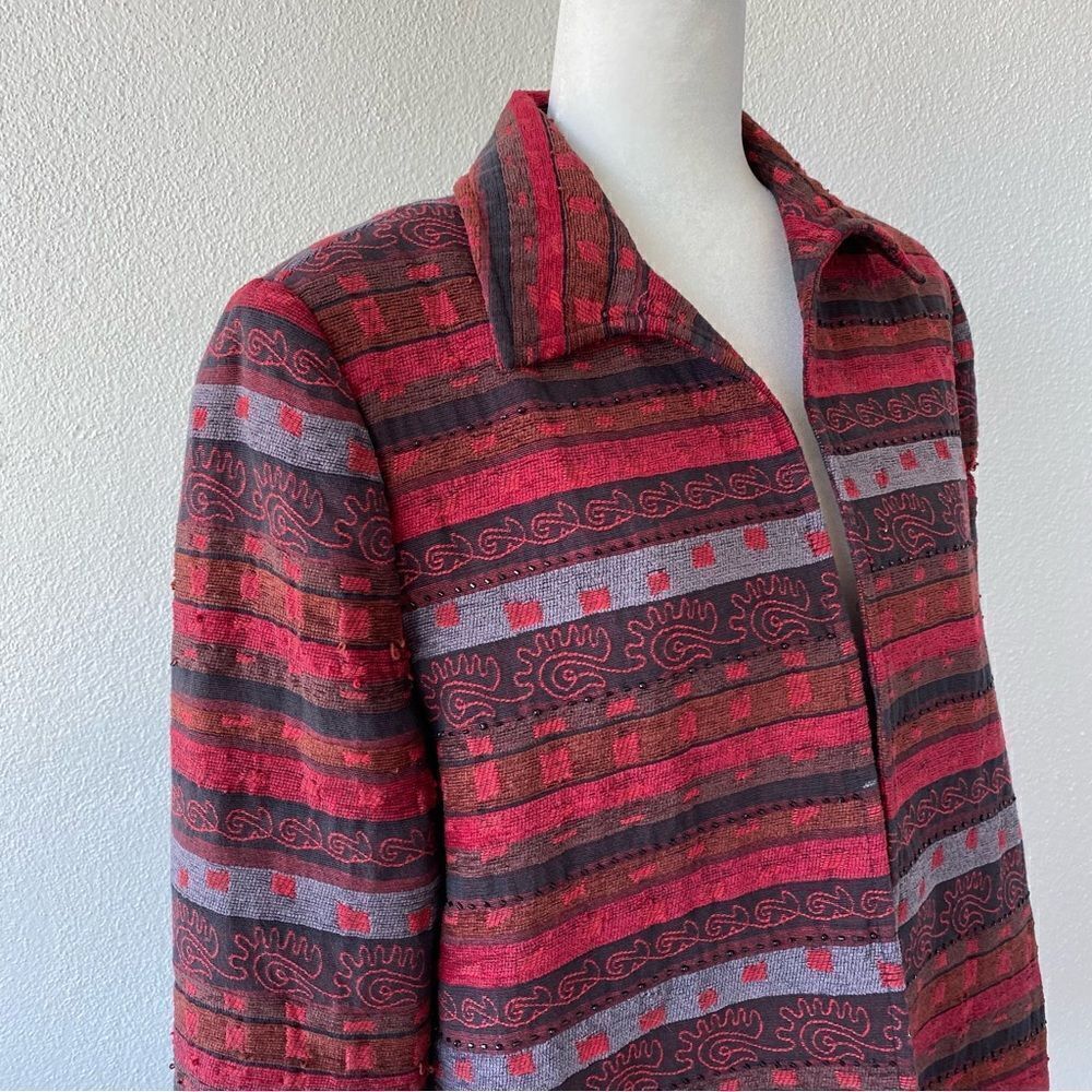 Alfred Dunner Aztec Pattern Jacket Red Beaded Open Front SZ 14 - Picture 5 of 14